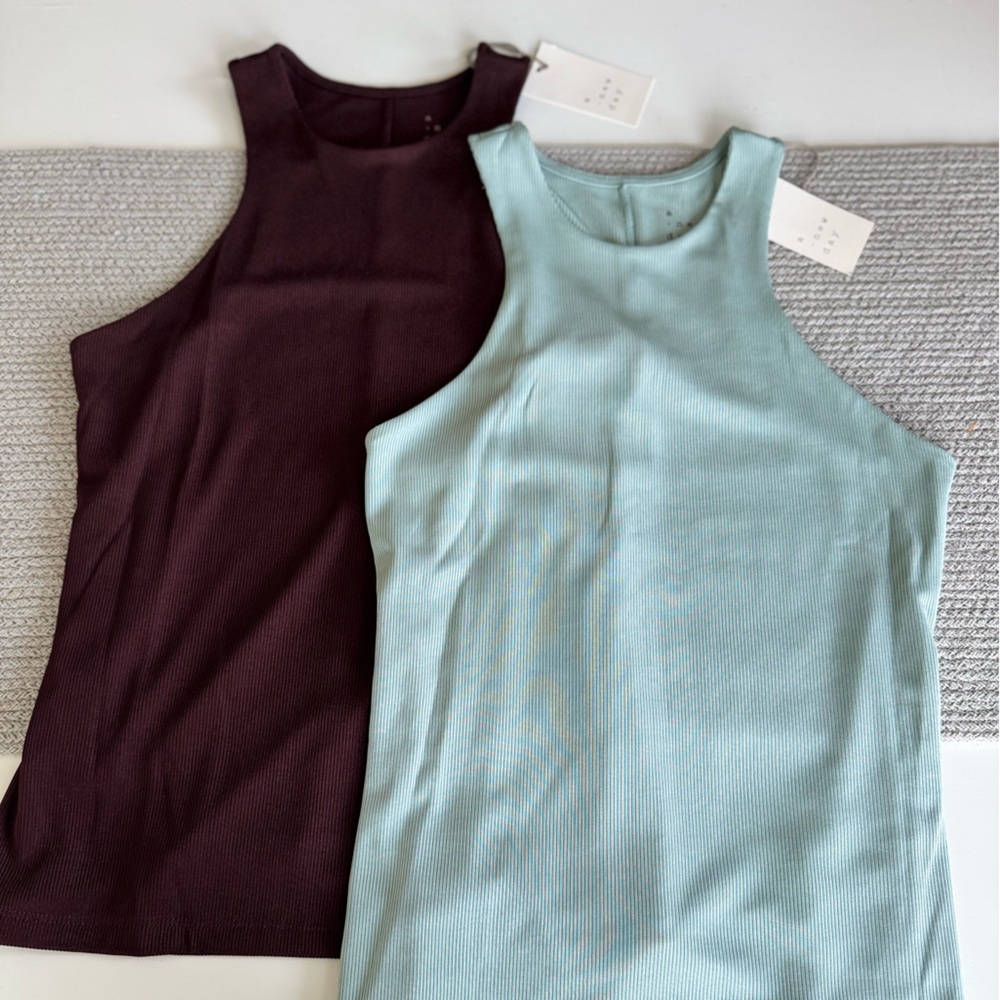A New Day Set of 2 Light Blue Brown Ribbed Racerback Tank Tops Size Small NEW